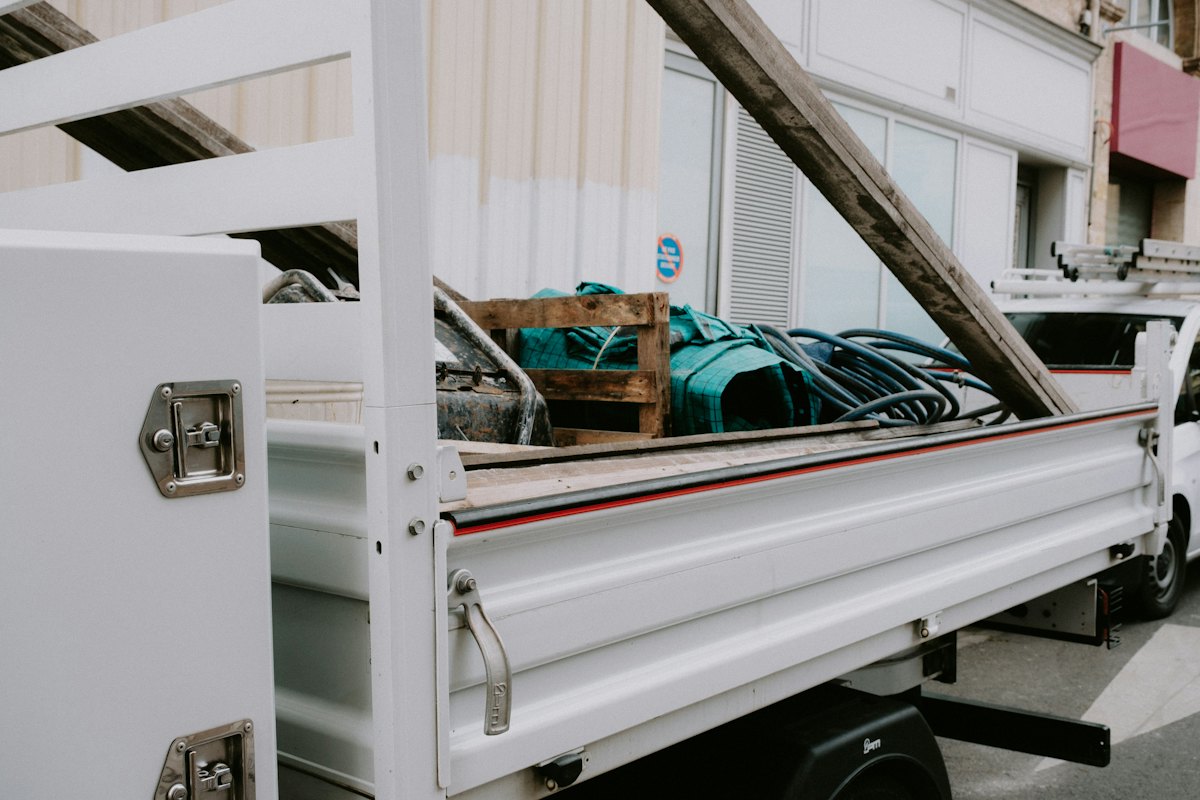 Work truck utility bed loaded with equipment
